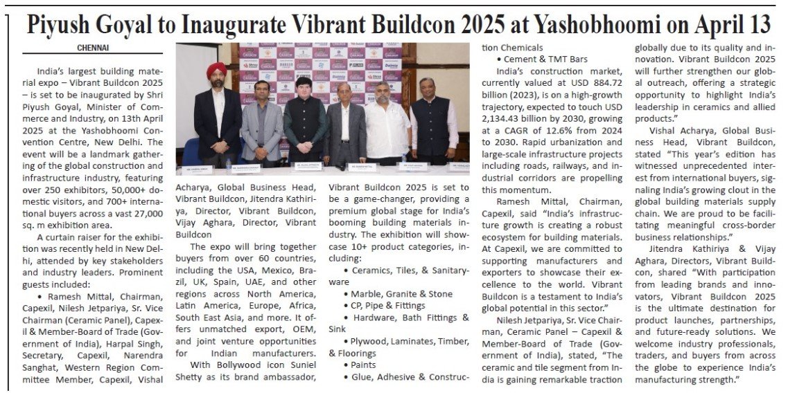 “Business Minutes” – Piyush Goyal to Inaugurate Vibrant Buildcon 2025 at Yashobhoomi on April 13